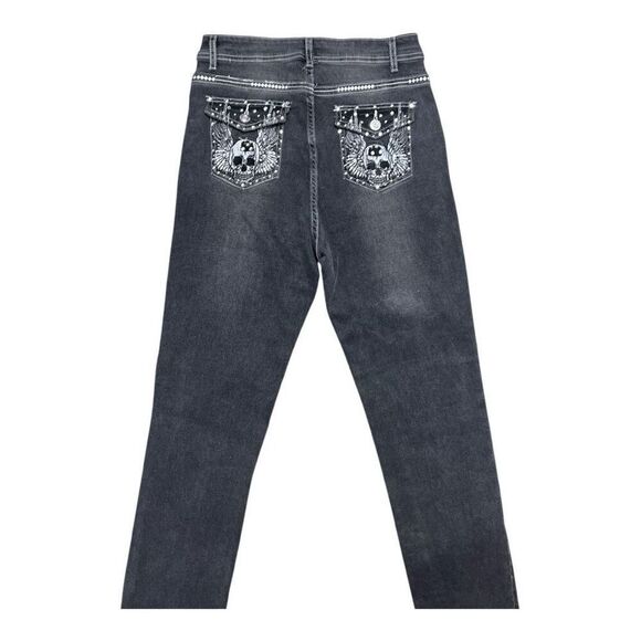 Women Grey Skull Wings Rhinestone Embroidered Stretch Denim Straight Jeans M - Picture 3 of 10